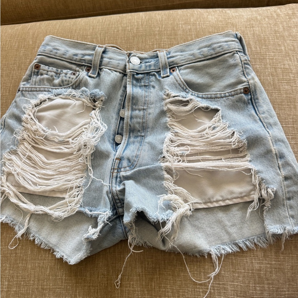 Vintage Levi 501 Distressed Light Blue Denim Shorts